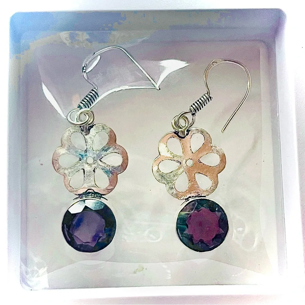 New Artisan 925 Sterling Silver Natural Amethyst Gem Daisy Handmade Earrings